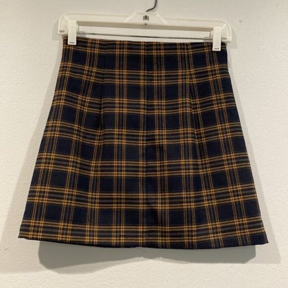 Forever 21 Navy & Yellow Plaid Skirt Front Functional Zipper Accent - Size Small - Picture 4 of 6